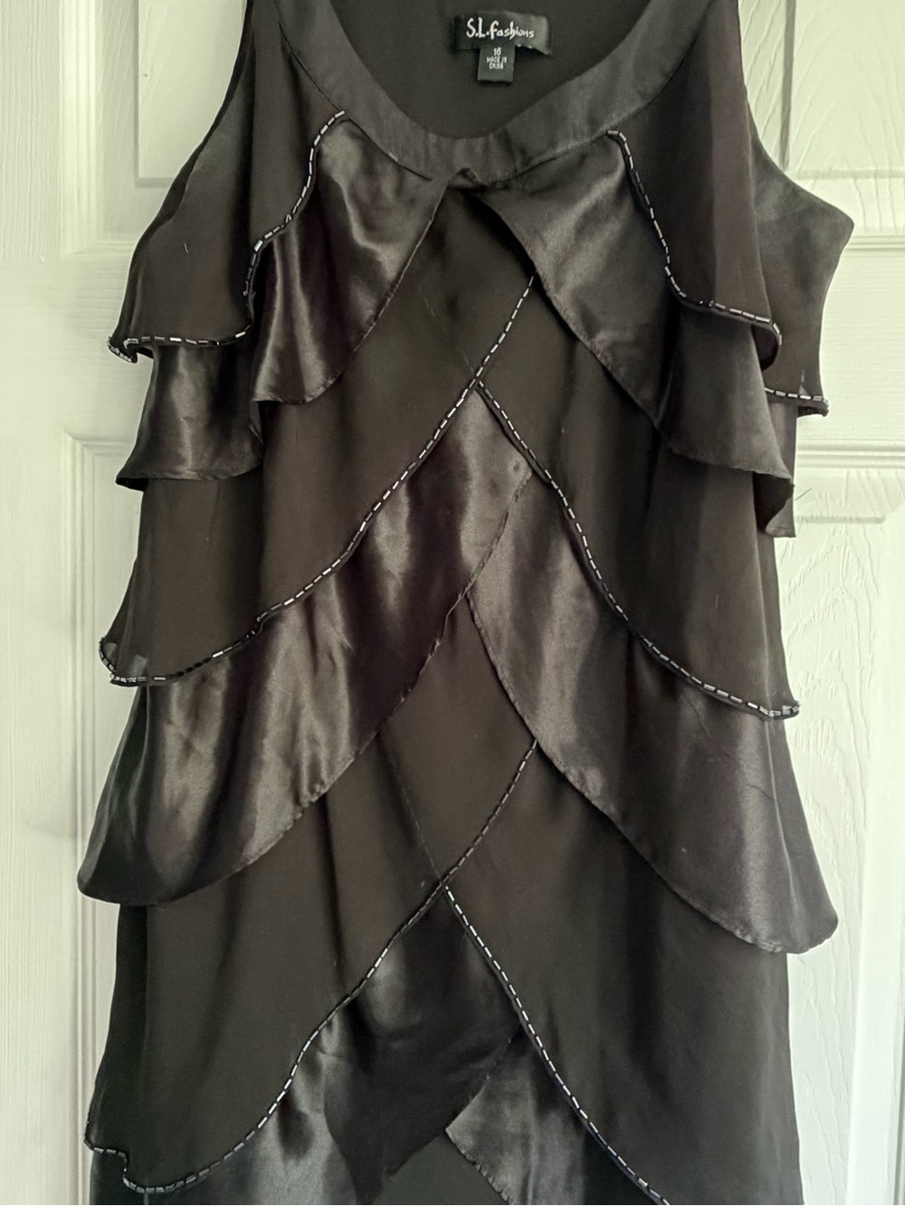 SL Fashions Black Layered Ruffle Mini Dress with Beaded Trim - Picture 3 of 5